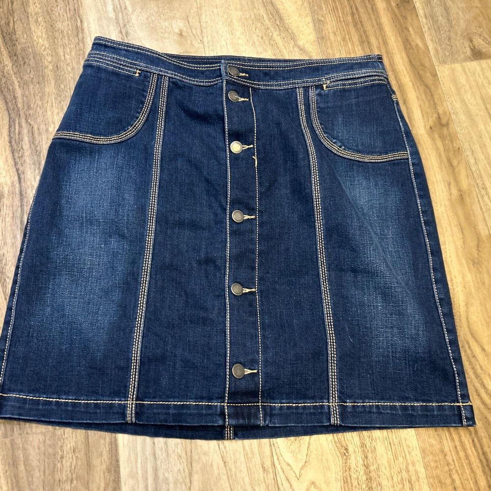 CHRISTOPHER & BANKS ABOVE KNEE LENGTH DENIM JEAN SKIRT DARK WASH Sz 14W 34X21"